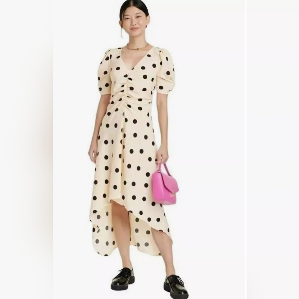 New Day Midi Womens Crepe Ruched Short Sleeve Polka Dot - Picture 1 of 1